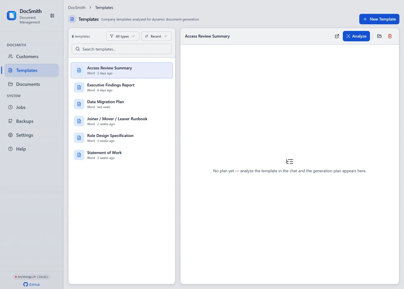 DocSmith template library: six company document templates listed with their format and when each was last updated, beside a detail pane for the selected template