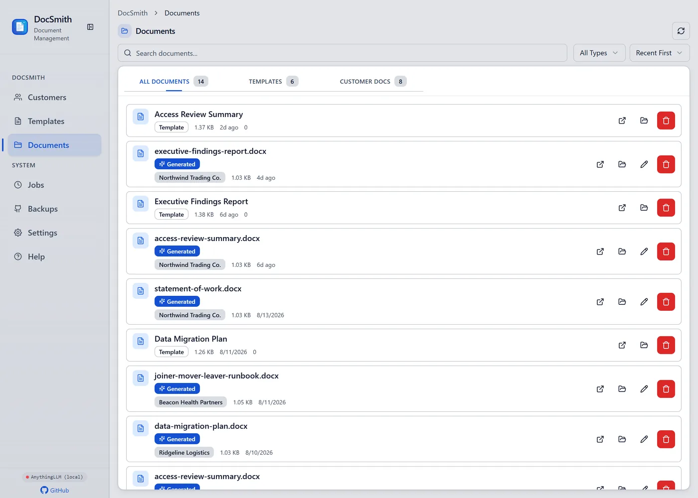 DocSmith documents screen: fourteen files split into templates and customer documents, each generated file tagged with the customer it belongs to and when it was produced
