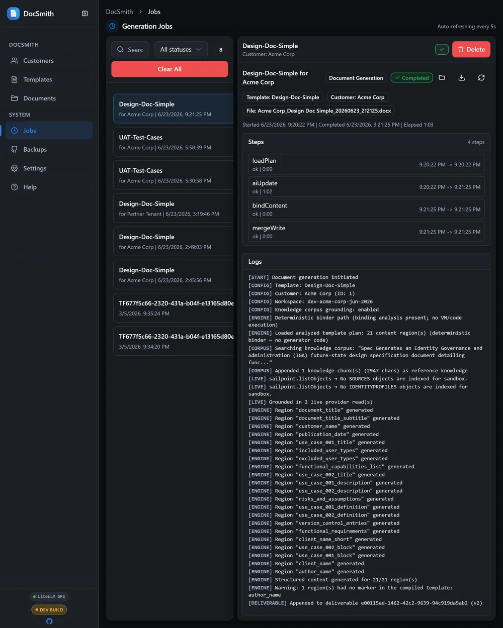 DocSmith generation jobs screen showing a queue of document generation jobs with per-step timings and a live engine log