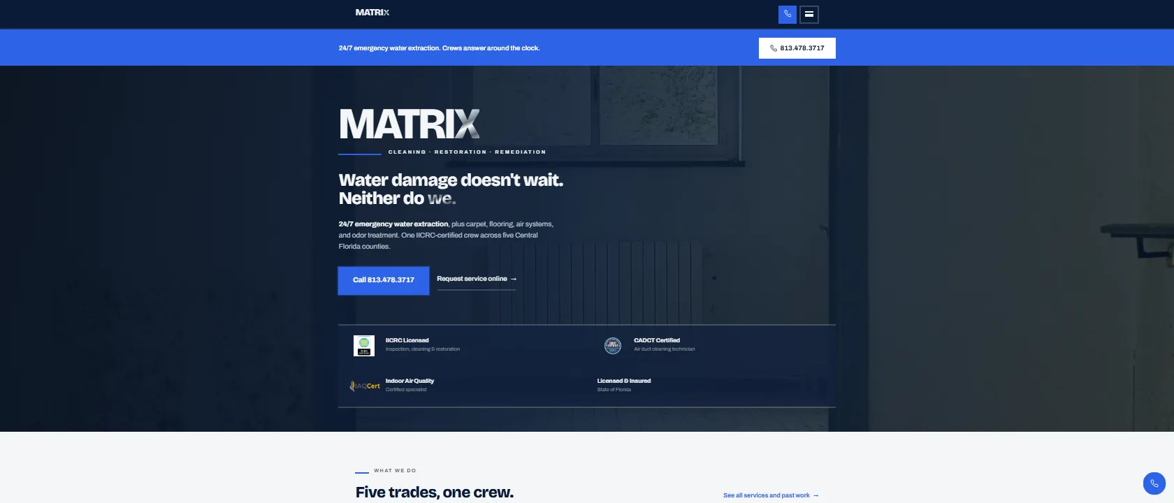 The rebuilt Matrix Restoration site — a full-bleed hero, 24/7 emergency call banner, certification row, and services section