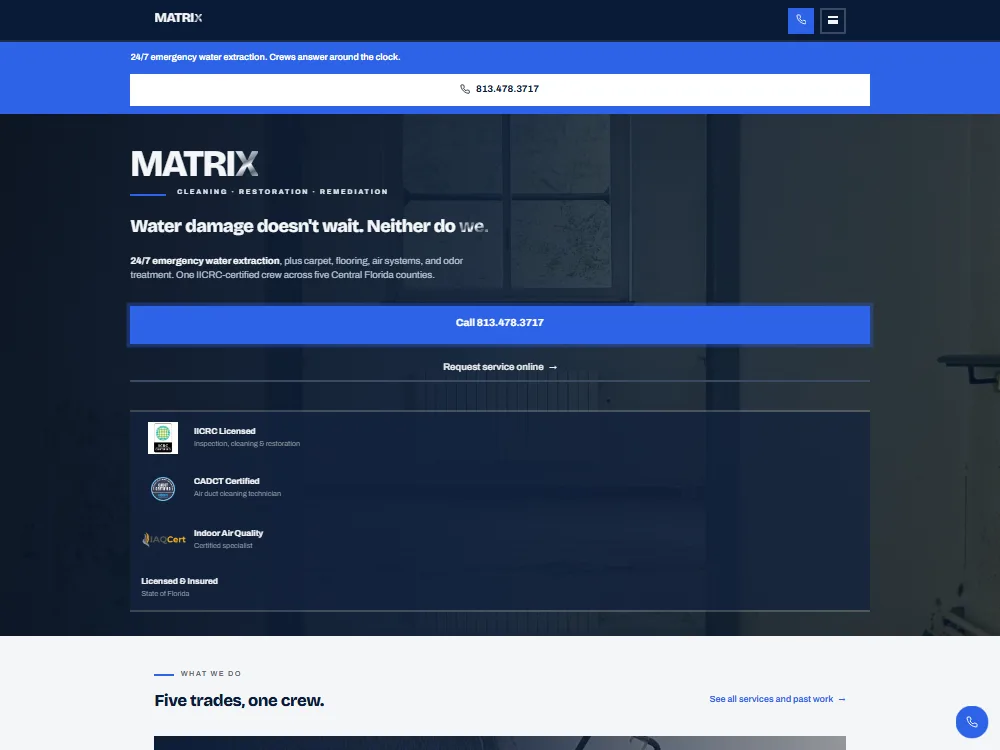 The Matrix Restoration home page as it appears live — 24/7 emergency call banner, water damage hero, certification badges, and the services section