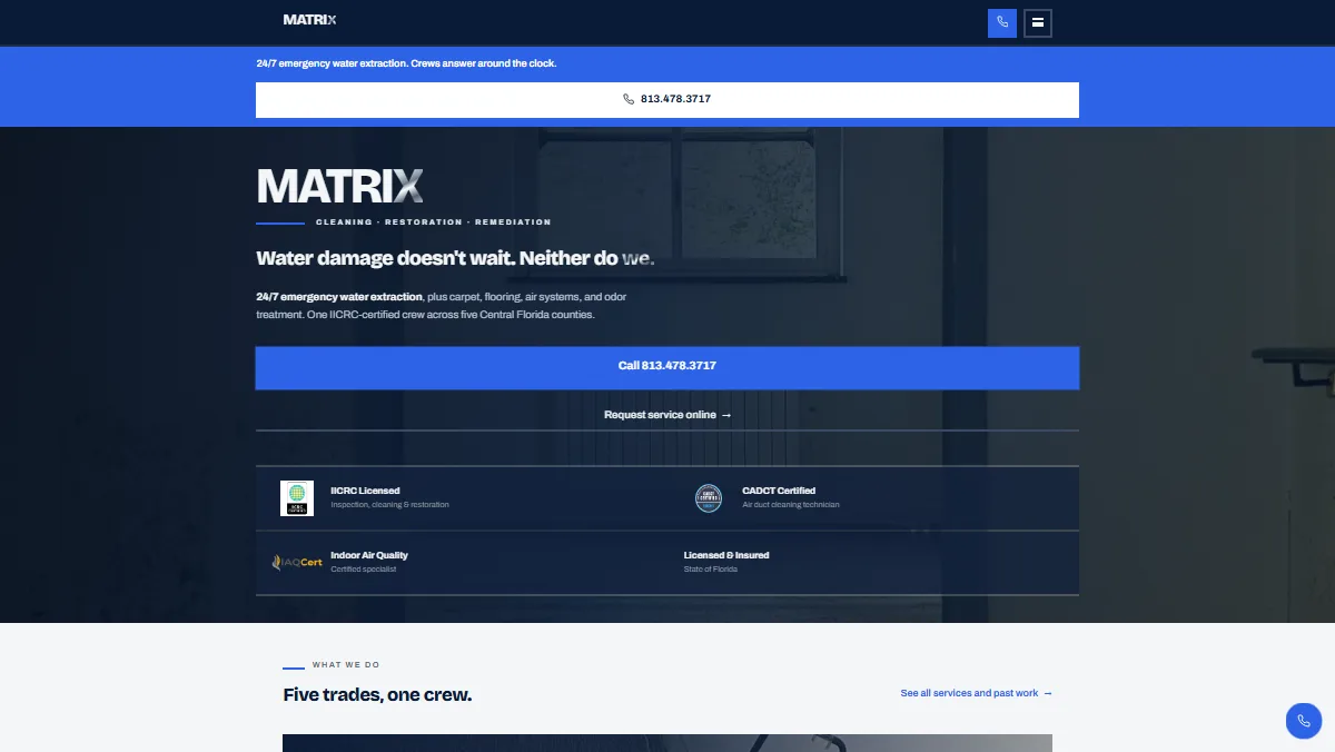 Matrix Restoration home page — a 24/7 emergency call banner, water damage hero, certification badges, and the five-trades services grid