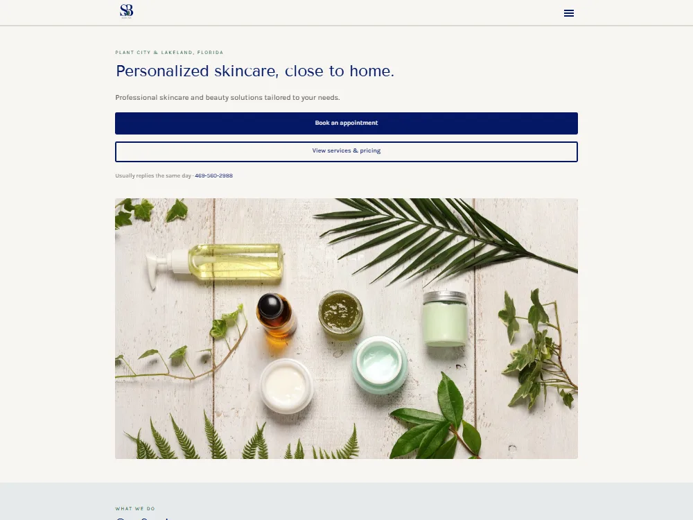 The SB Skincare home page as it appears live — a personalized skincare hero with booking buttons and a product flat-lay photograph