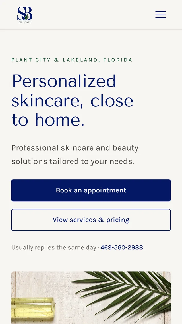sb-skincare.com on a phone: the &ldquo;Personalized skincare, close to home&rdquo; opening screen with Book an appointment and View services & pricing buttons stacked full width.