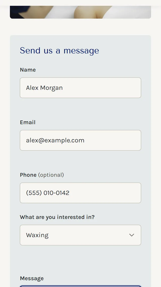 The same site&rsquo;s contact form on a phone, filled in with a sample name, email, phone and treatment choice.