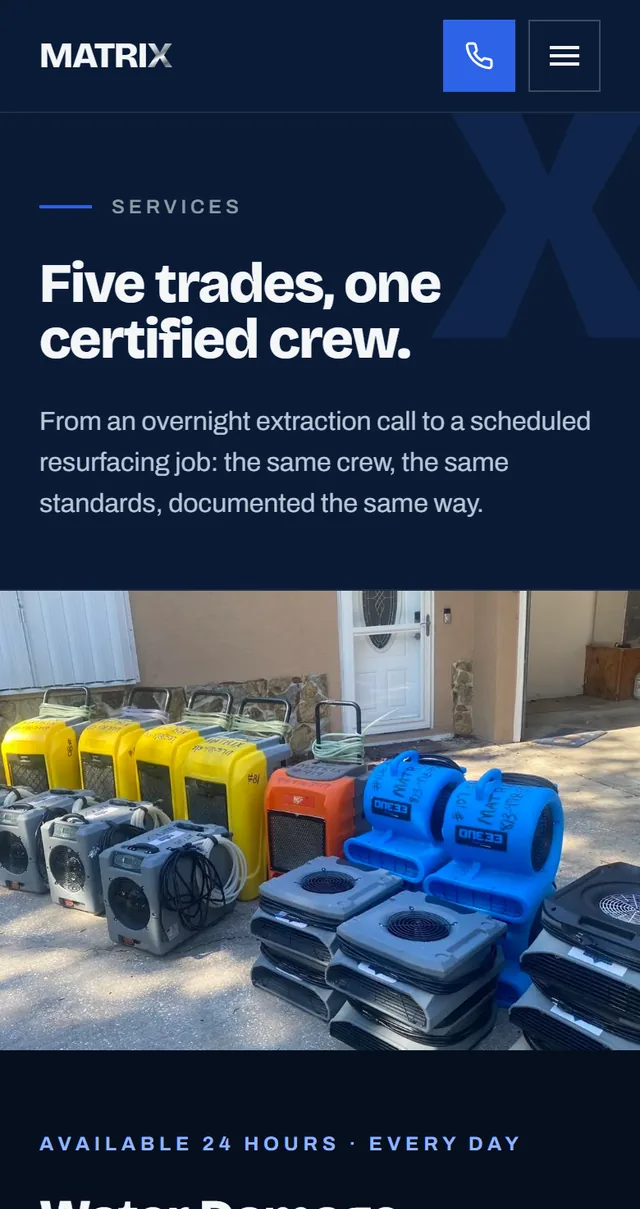 The same site&rsquo;s services page on a phone: &ldquo;Five trades, one certified crew&rdquo; over a photo of the crew&rsquo;s drying equipment.