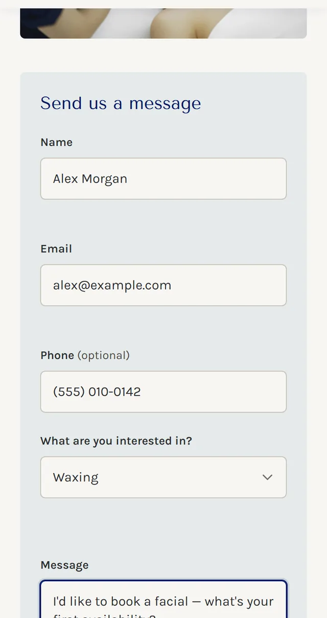 The same site&rsquo;s &ldquo;Send us a message&rdquo; enquiry form on a phone, with name, email, phone, treatment and message fields filled in.