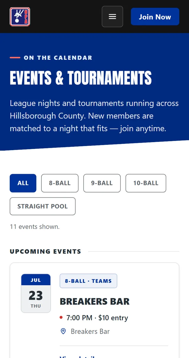 upahillsborough.com on a phone: the Events & Tournaments calendar, with filters for each game type above the first league night, listed for July 23.