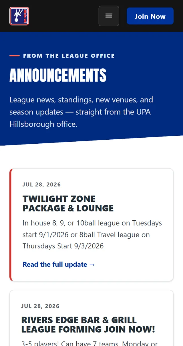 The same site&rsquo;s Announcements page on a phone, listing league updates posted from the UPA Hillsborough office.