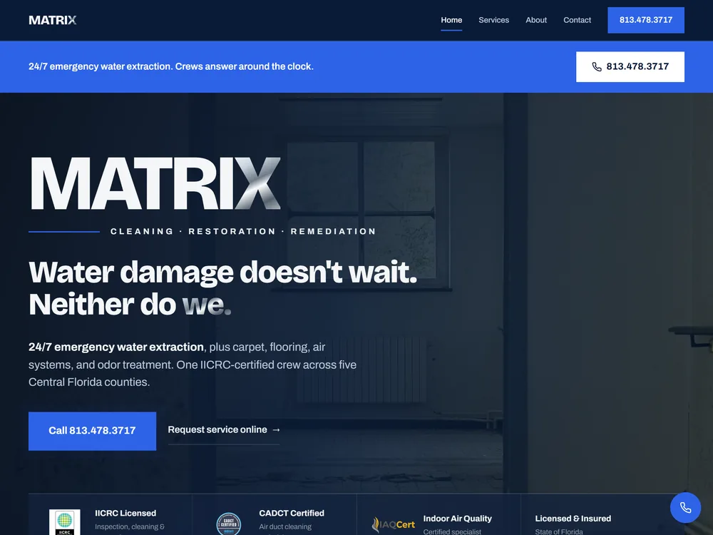 The Matrix Restoration home page: a dark water-damaged interior behind the headline &ldquo;Water damage doesn&rsquo;t wait. Neither do we.&rdquo;, with the phone number repeated in the header, the emergency bar and the main button.
