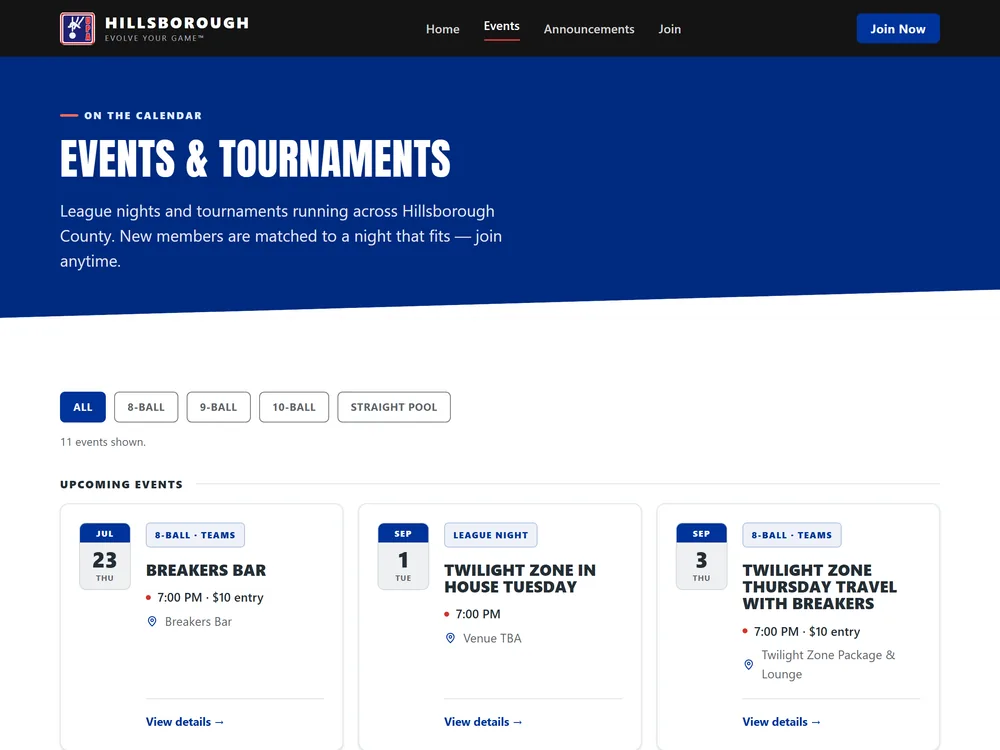The UPA Hillsborough events page: an Events & Tournaments banner over game-type filters and a row of upcoming league nights, each card giving the date, the start time and a View details link.