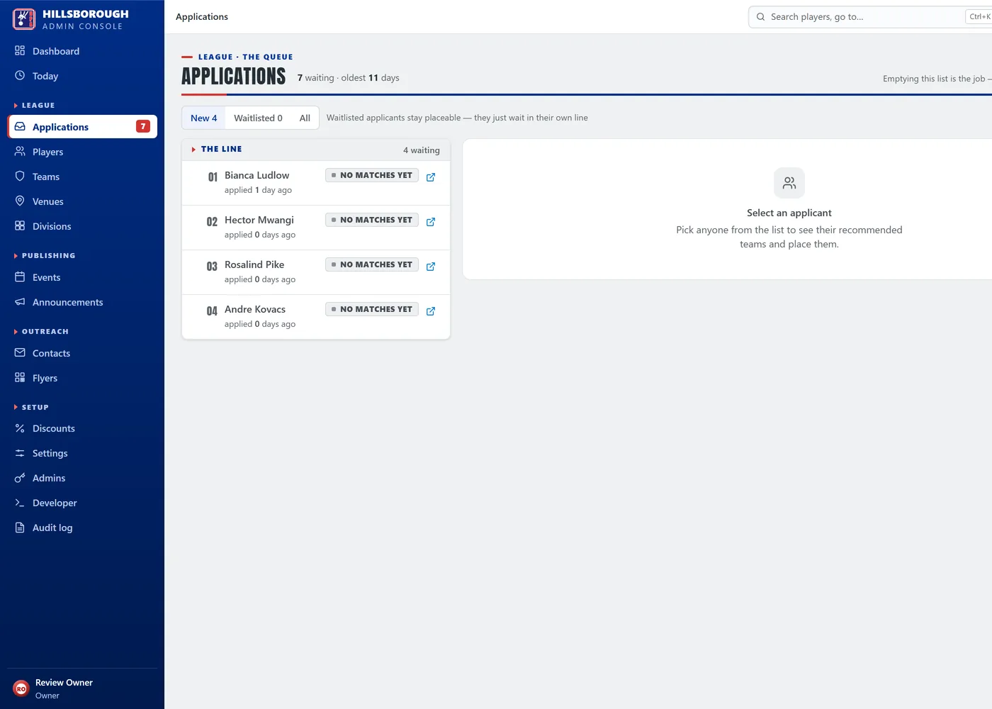 UPA Hillsborough admin console, applications queue: four new applicants in a list headed The line, each waiting with no matching team yet, beside a panel prompting you to pick one