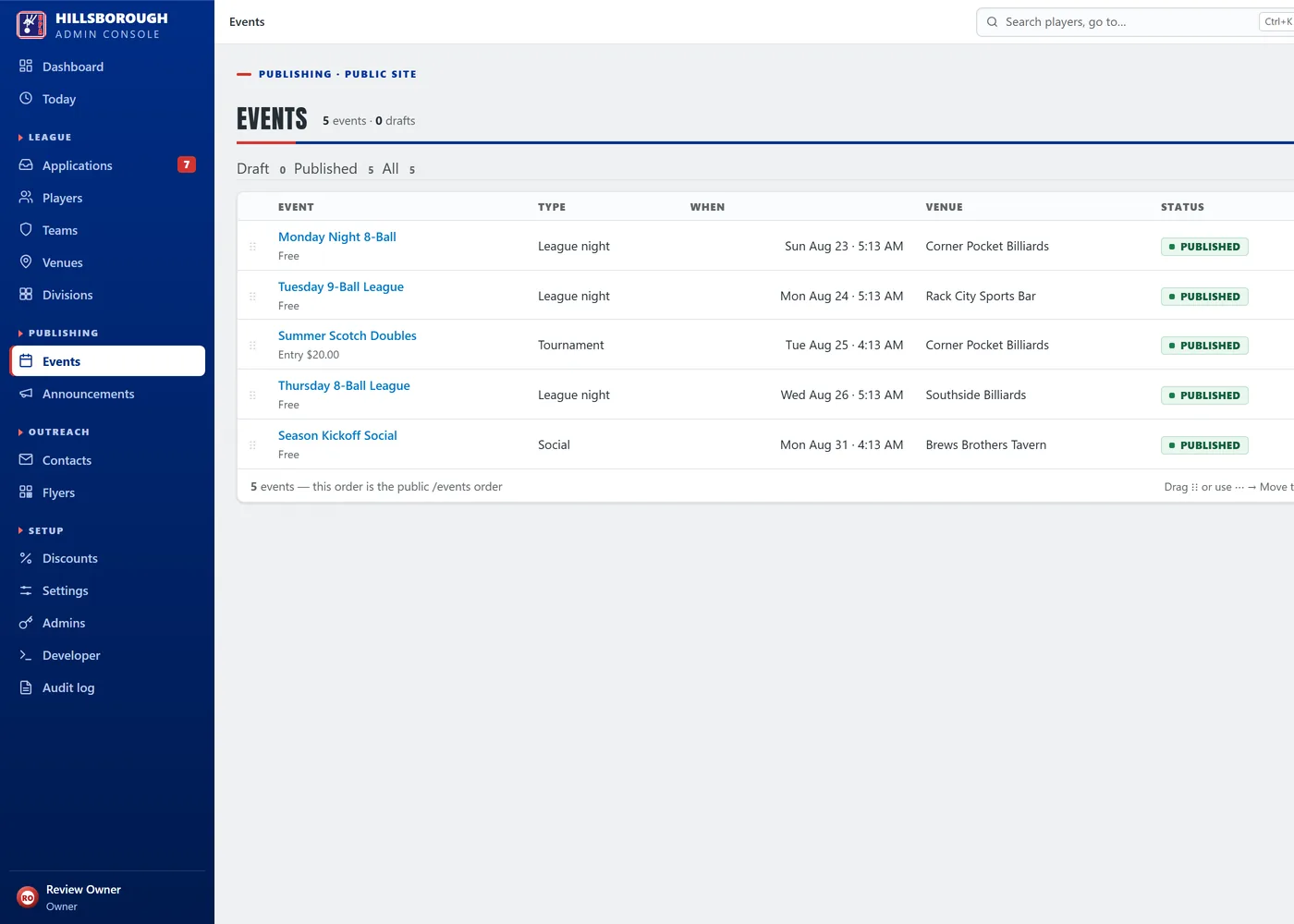 The events screen: five published events &mdash; three league nights, a tournament and a social &mdash; each with its type, date, venue and feature star, in the drag-to-reorder order the public site uses