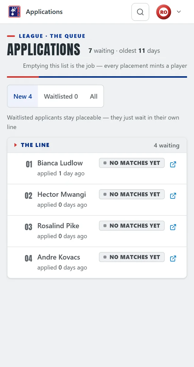 The same applications queue on a phone: one column, the four applicants stacked as full-width rows, with the New, Waitlisted and All filters wrapping underneath the heading