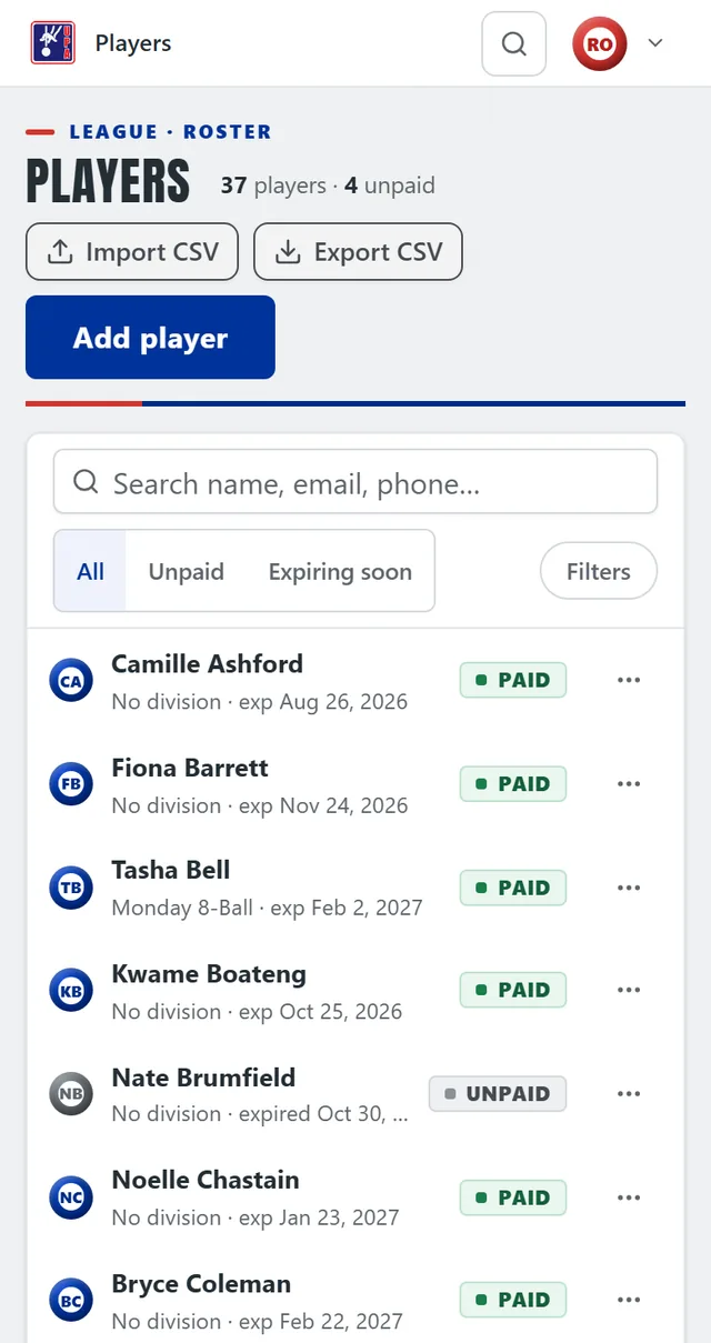 The players roster on a phone: the desktop table redrawn as stacked cards, each with the player's name, division, membership expiry and a paid or unpaid tag, under a search box and All, Unpaid and Expiring soon filters