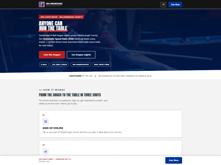 The UPA Hillsborough home page as it appears live — the league hero, UPA sanctioning bar, and the three-step sign-up section